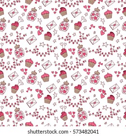 Valentine seamless pattern with cupcake, candle, love potion, garland, love letter, notes, dream, angel,  ribbons, stars, hearts, balloon