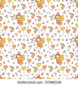 Valentine seamless pattern with cupcake, candle, love,  dream, stars, hearts, angel, balloon