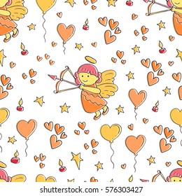 Valentine seamless pattern with cupcake, candle, love,  dream, stars, hearts, angel, balloon