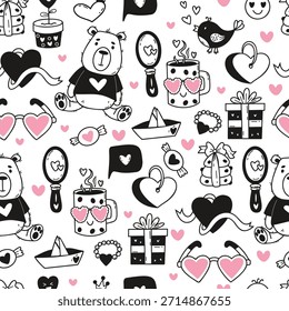 Patrón sin fisuras de San Valentín con lindo oso de peluche, corazones, regalo, símbolos de amor y Objetos acogedores. Plantilla de fondo de Doodle de repetición romántica. Ilustración vectorial. No es IA
