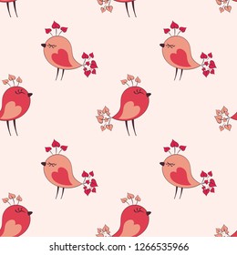 Valentine seamless pattern with cute birds. Vector illustration isolated on a white background.