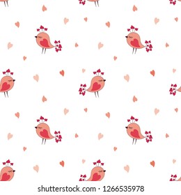 Valentine seamless pattern with cute birds. Vector illustration isolated on a white background.
