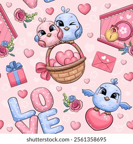 Valentine seamless pattern with cute cartoon birds and pink hearts. Holiday Vector illustration on a pink background with animals, birds house, word love, gift and letter.