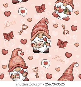 Valentine seamless pattern with cute cartoon gnomes. Holiday Vector illustration on a pink background with dwarf men, hearts, keys, word love and bow.