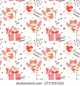 Valentinstag nahtloses Muster mit niedlichen Cartoon-Katzen, Herzen und romantischen Schriftzug. Verspielte Liebe thematisierte Vektorgrafik für Karten, Plakate, Einwickelpapier, Textilien Festliches Urlaubsdesign