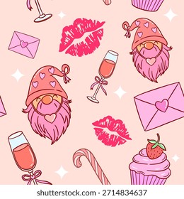 valentine seamless pattern with cute gnomes, love letters, lipstick kisses, champagne glasses, cupcakes, and romantic pink elements
