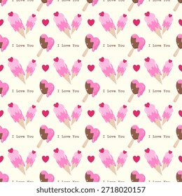Valentine Seamless Pattern with Cute Heart Ice Cream Cones, Popsicles, and I Love You Text
