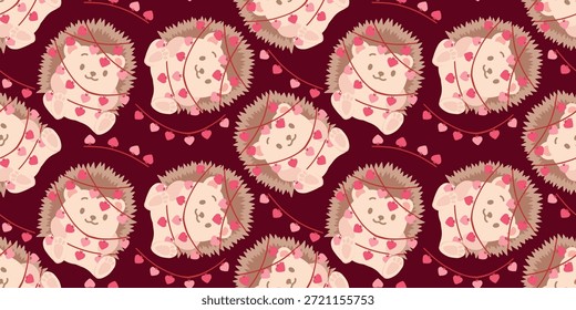 Valentine Seamless Pattern with Cute Hedgehog and Heart Garland on Burgundy Background. Seamless Valentines Day pattern with cute hedgehog tangled in heart garlands and lights on burgundy background. Ideal for textile prints, gift wrap, fabric, wallpapers and romantic holiday designs.