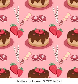 Valentinstag nahtloses Muster mit Schokoladenkuchen, Marshmallows und Makaronen auf rosafarbenem Hintergrund