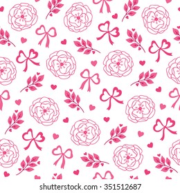 Valentine seamless pattern with flowers, bows, hearts and branches. Perfect for holiday invitations, St. Valentine's Day greeting cards, decorations, wallpaper, pattern fills, gift paper