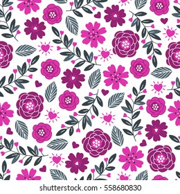 Valentine seamless pattern with flowers, leaves, hearts and branches. Perfect for wallpaper, web page background, textile, greeting cards and wedding invitations