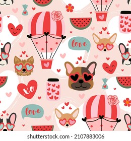 valentine seamless pattern with funny dogs and love elements