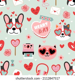 valentine seamless pattern with funny dogs and love elements