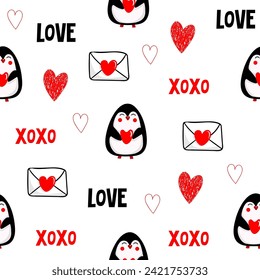 valentine seamless pattern with funny penguins and love elements