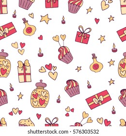 Valentine seamless pattern with gift, love potion,  cupcake, candle, bottle, stars, dream, hearts, 