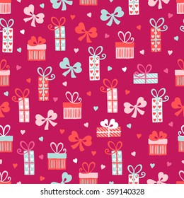 Valentine seamless pattern with gifts, bows and hearts. Perfect for wallpaper, pattern fills, web page background, gift paper, textile, Valentine greeting cards and wedding invitations