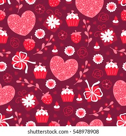 Patrón sin fisuras de San Valentín con regalos, cupcakes, velas, ramas, corazones, fresas y flores. Perfecto para el Fondo de pantalla, fondo de página de Web, textil, tarjetas de felicitación e invitaciones de boda