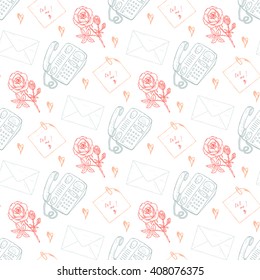 Valentine seamless pattern. Hand Drawn doodle telephone, rose, envelope, sticky note. Romantic vintage background
