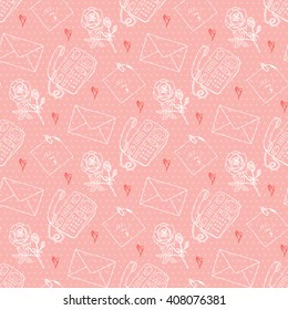 Valentine seamless pattern. Hand Drawn doodle telephone, rose, envelope, sticky note. Romantic vintage background