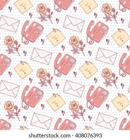 Valentine seamless pattern. Hand Drawn doodle telephone, rose, envelope, sticky note. Romantic vintage background