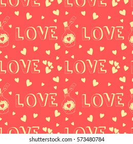 Valentine seamless pattern with hand drawn letters, bottle and hearts. Perfect for wallpaper, web page background, textile, greeting cards and wedding invitations