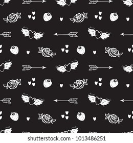 Valentine Seamless pattern. Happy Valentine's day. Love Wedding Vector Background. Hand drawn Doodle Hearts with Wings, Strawberry, Cupid's Arrows, rose flower