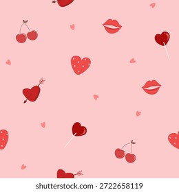 Valentim padrão sem costura com forma de coração, pirulito e cereja