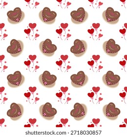 Valentine Seamless Pattern with Heart Shaped Chocolate Cakes and Red Balloons Illustration