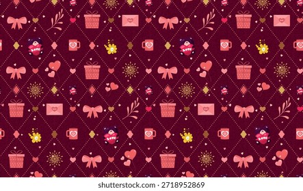 Valentinstag nahtloses Muster mit Herz, Teddy, Becher, Schleife, Schneeflocken Elemente . Rosa Farbe Liebe geometrisch in violetten Hintergründen.