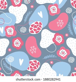 Valentine seamless pattern with hearts, abstract shapes, flowers, circles, leaves on grey background. Perfect for spring holidays, wallpaper, greeting cards. Vector illustration