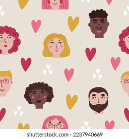 Valentine seamless pattern with hearts, african american woman and man on white background. Scandinavian style. Perfect for wedding, wallpaper, wrapping paper. Vector illustration 