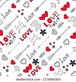 Valentine seamless pattern with hearts, arrows, wings, flowers and branches on white background. 