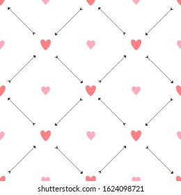 Valentine seamless pattern with hearts and arrows on white background. For wallpaper, gift and wrapping paper, greeting card and wedding invitations, textile, fabric, linen, pajamas, web page.