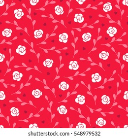 Valentine seamless pattern with hearts, branches and roses. Perfect for wallpaper, web page background, textile, greeting cards and wedding invitations