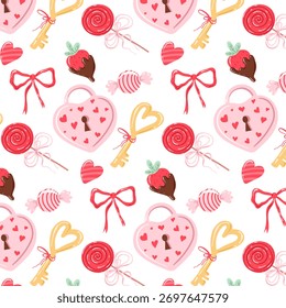 Valentine seamless pattern with hearts, candies, bows and love elements, cute romantic background with sweets and decorative symbols, perfect for wrapping paper, textiles, cards and festive design