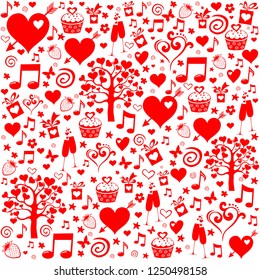 Valentine seamless pattern with hearts, Cupcakes, gift boxes, flowers, notes, stars. Perfect for wallpaper, web page background, textile, greeting cards and wedding invitations. Vector Illustration