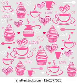 Valentine seamless pattern with hearts, Cupcakes, cups, spoons. Perfect for wallpaper, web page background, textile, greeting cards and wedding invitations. Vector Illustration