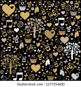 Valentine seamless pattern with hearts, Cupcakes, gift boxes, flowers, notes, stars. Perfect for wallpaper, web page background, textile, greeting cards and wedding invitations. Vector Illustration