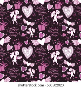 Valentine seamless pattern with hearts and Cupid. Perfect for wallpaper, textile, greeting cards and wedding invitations