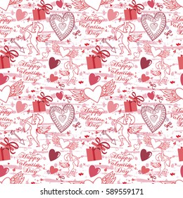 Valentine seamless pattern with hearts and Cupid. Perfect for wallpaper, textile, greeting cards and wedding invitations