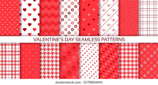 Valentine seamless pattern with hearts. Love geometric backgrounds. Hearted prints for wrapping papers. Set cute red backdrops. Collection girly textures. Vector illustration. Romantic scrap design  