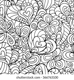 Valentine seamless pattern with hearts. Hearts shape coloring print for page or book design. Black and white vector illustration.