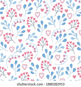 Valentine seamless pattern with leaves, hearts, flowers on white background. Perfect for spring holidays, wallpaper, greeting cards. Vector illustration
