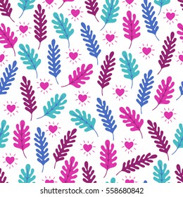 Valentine seamless pattern with leaves and hearts. Perfect for wallpaper, web page background, textile, greeting cards and wedding invitations