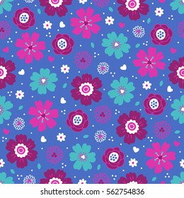 Valentine seamless pattern with leaves, hearts  and flowers. Perfect for wallpaper, web page background, textile, greeting cards and wedding invitations