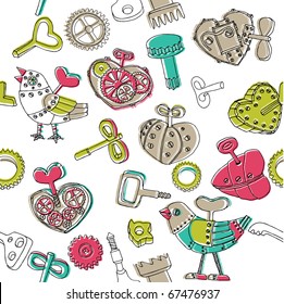 Valentine seamless pattern  with mechanical hearts and birds