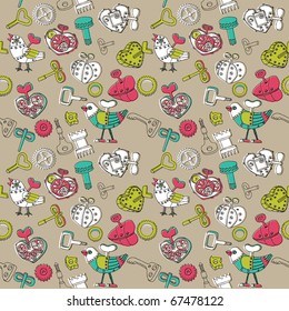 valentine seamless pattern with mechanical hearts and birds