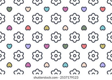 Valentim padrão sem costura. Contornar corações e flores. Design romântico com símbolos coloridos. Padrão de desenhos animados para decorações, partido, papel de parede, têxteis, impressão, produtos para crianças, interior. Vetor