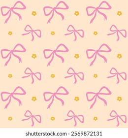 Valentine seamless pattern with pink bows and small yellow flowers on beige background, ideal for fabric, gift wrap, and wallpaper