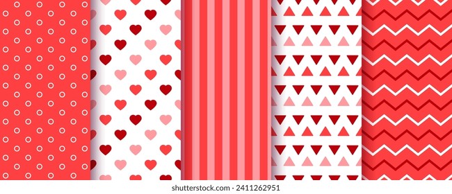 Valentine seamless pattern. Red backgrounds. Romantic textures with hearts, stripes, polka dot, zigzag and triangle. Set retro prints. Holiday packing papers for scrap design. Vector illustration